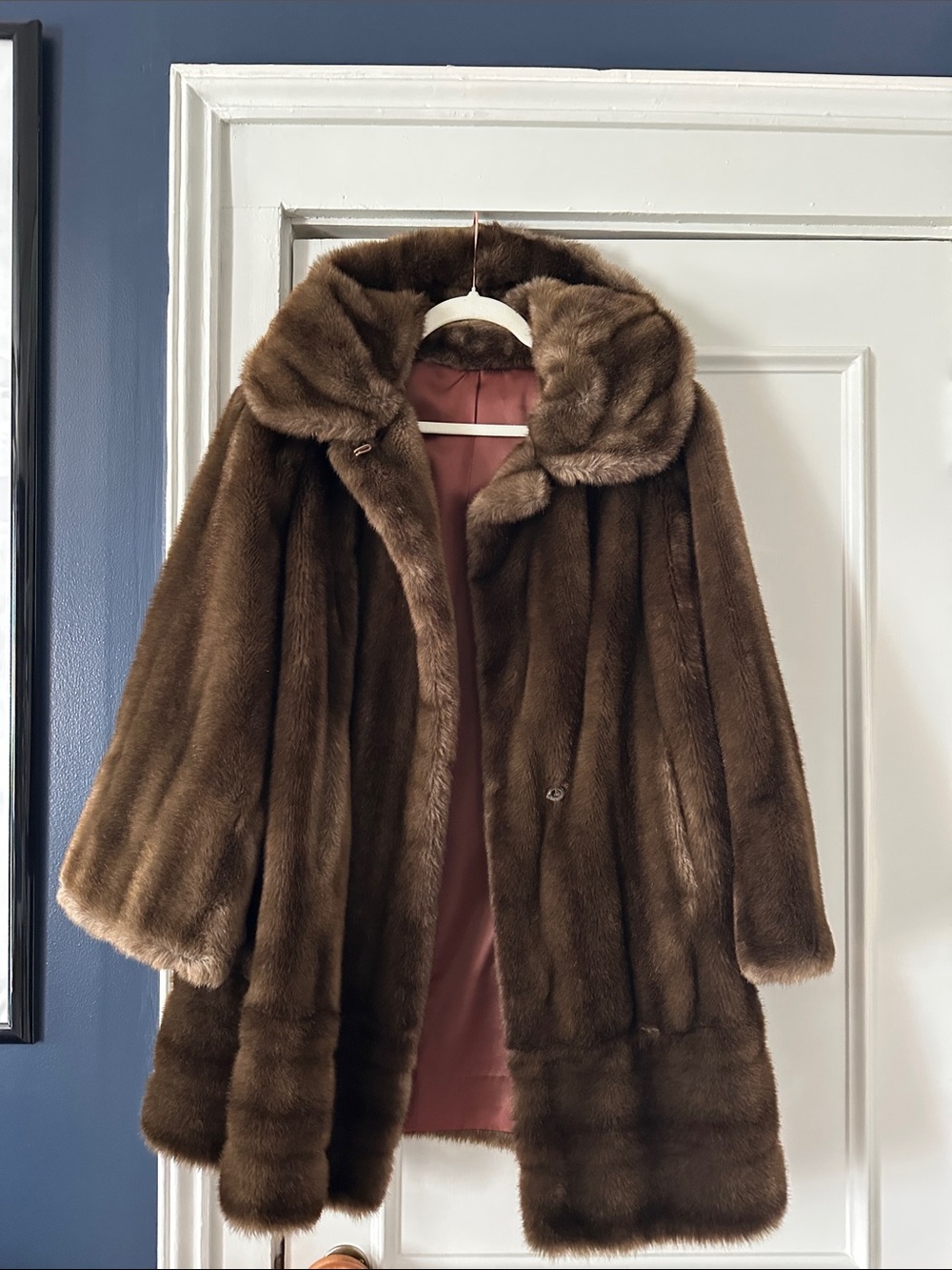 Women's Brown Faux Fur Coat with high collar